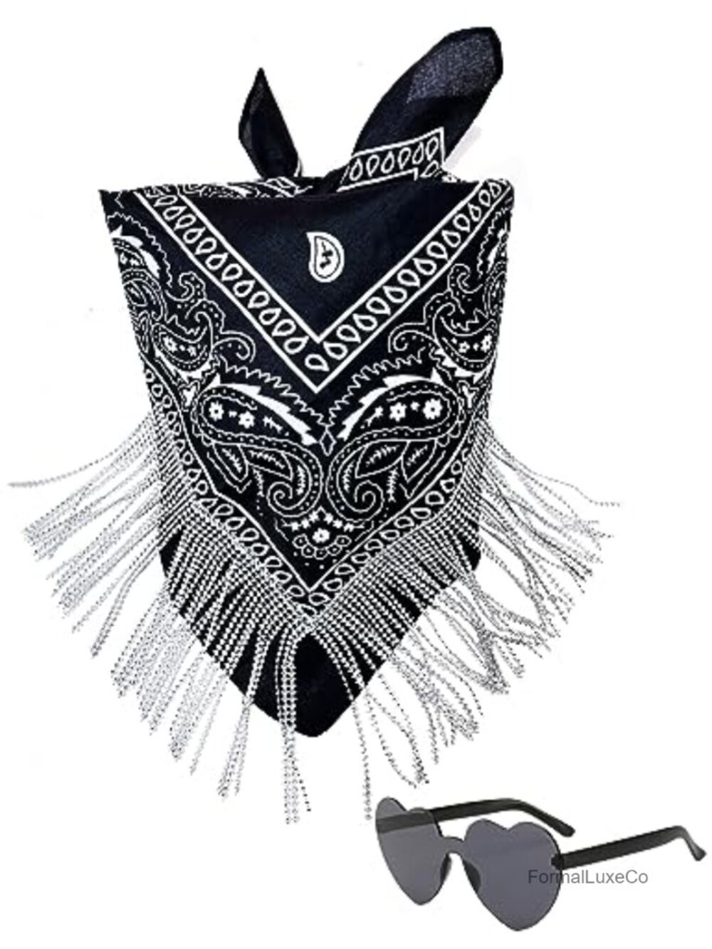 Fringe Rhinestone Bandana with Heart Sunglasses - Disco Cowgirl Paisley Square